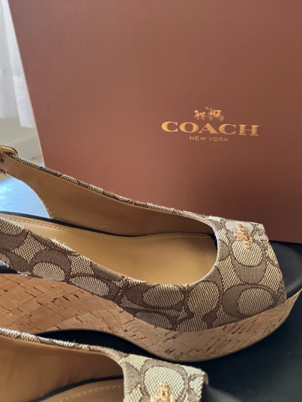 NEARLY NEW Coach Logo Cork Peep Toe Wedge - Picture 3 of 14